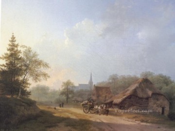 Un carro en una carretera rural en verano paisaje holandés Barend Cornelis Koekkoek Pinturas al óleo